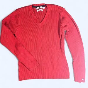 Tommy-Hilfiger Women's Red V-Neck Sweater Size Medium